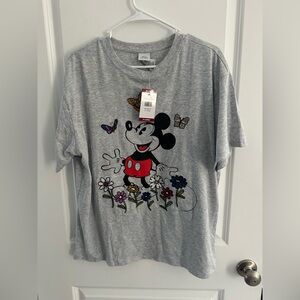Disney Mickey Mouse Gray Tee with Floral Accents